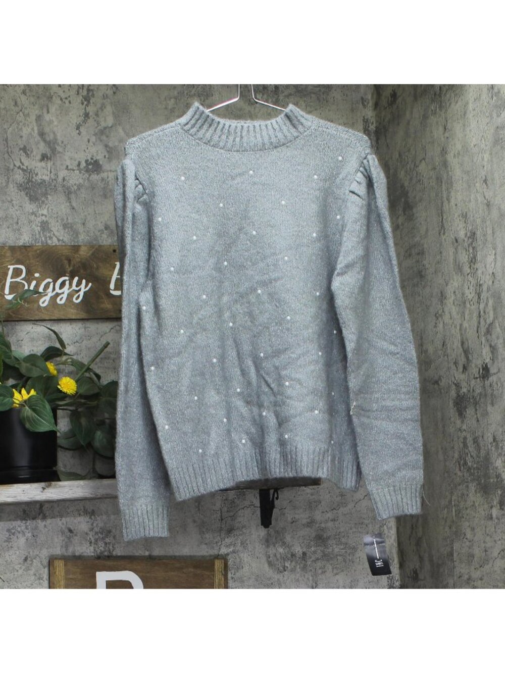 INC International Concepts Knit Ribbed Textured Pearl Mock Neck Sweater Gray XL